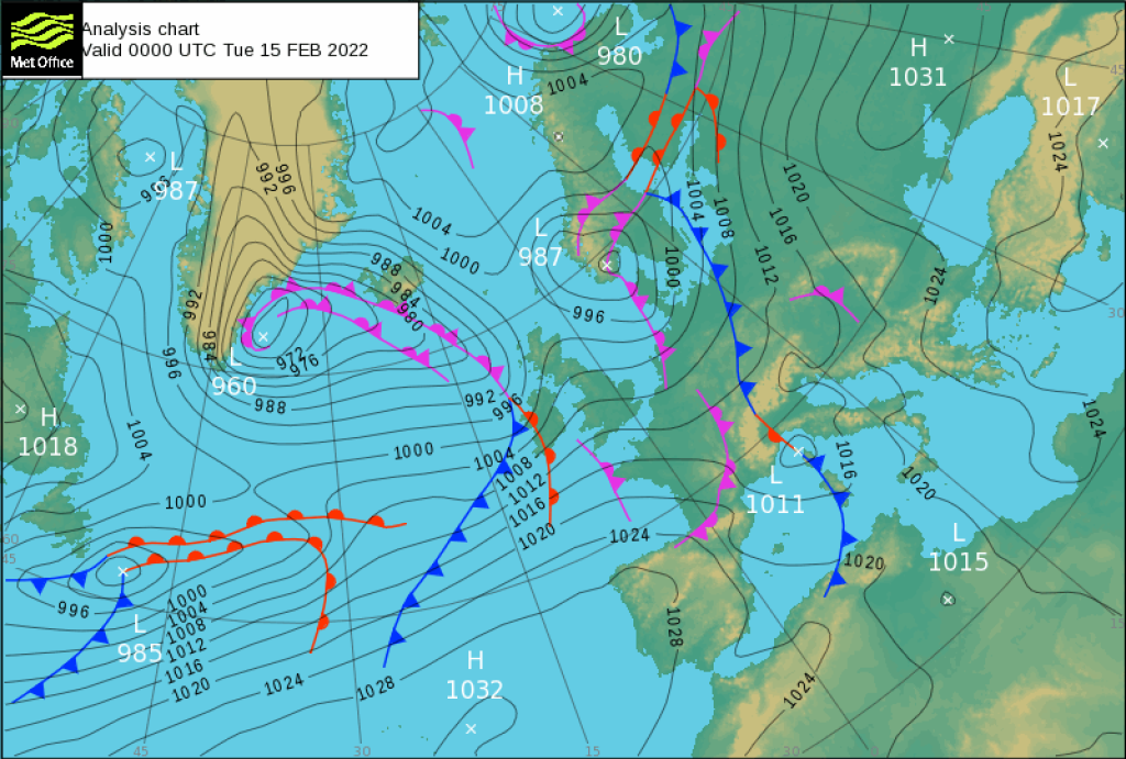 Position of the fronts on 15.2. Blue: cold front, red: warm front, purple: occlusion