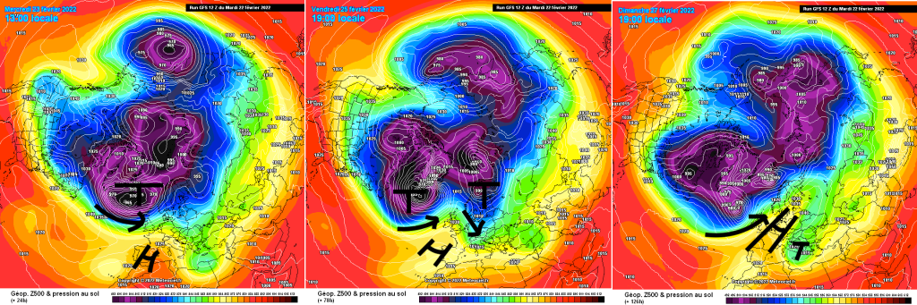500hPa geopotential and ground pressure, GFS, northern hemisphere, for Wednesday, Saturday, Sunday.