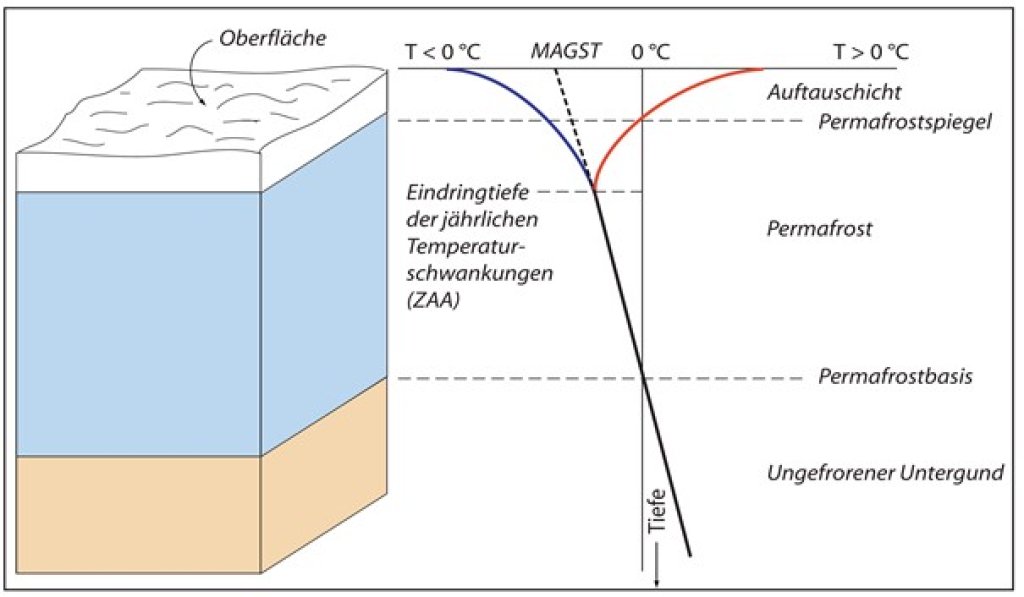 Schematic temperature profile in permafrost. In the thawing layer, the temperature fluctuates from frozen (winter) to thawed (summer). Below this, the temperature remains permanently below zero: the permafrost body. Due to the heat from the earth's interior, the ground temperature exceeds 0° again at a certain depth.
