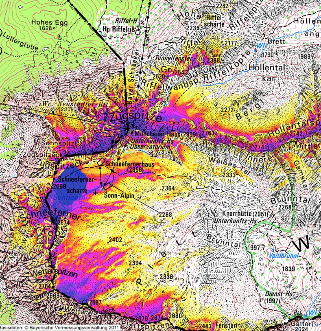  Permafrost distribution on the Zugspitze: The dark purple areas indicate a high probability of permafrost. Characteristic is a high probability of permafrost in the north face and in the larger north-facing debris flows on the Zugspitze plateau