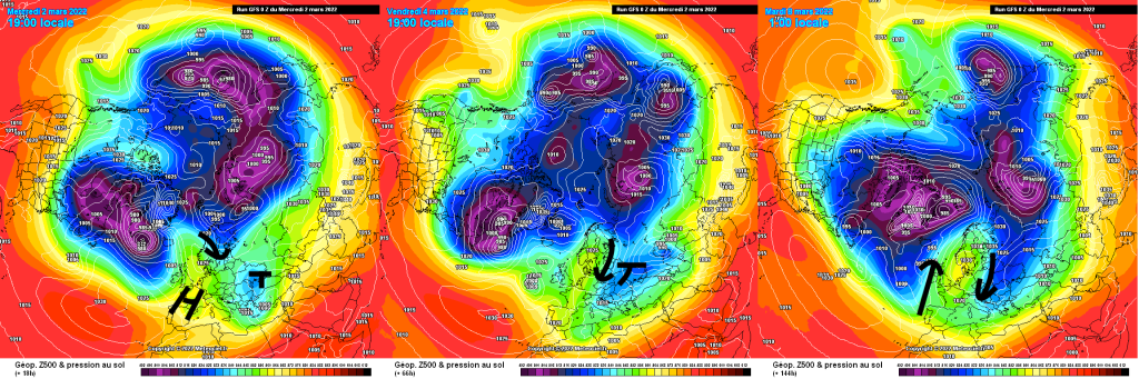 500hPa geopotential and ground pressure, Wednesday, Friday, Tuesday (GFS). Generally flat pressure distribution. Slightly more unsettled in the S/E over the next few days. Possibly wintry again next week in the east, but not in the west.