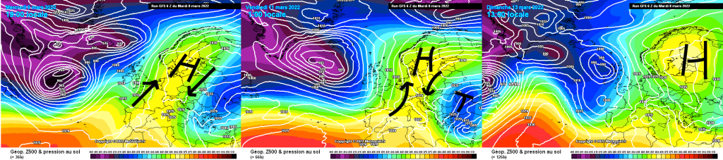 500hPa geopotential and ground pressure, Wednesday, Friday, Sunday. The Omega situation will stay with us. A little more changeable in the south at the weekend, then probably sunny everywhere again.