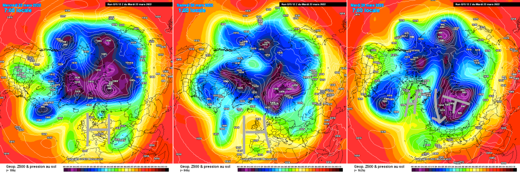 500hPa geopotential and ground pressure, Wednesday, Sunday, Tuesday. Possibly cold and even precipitation next week! Permanent high pressure until then.