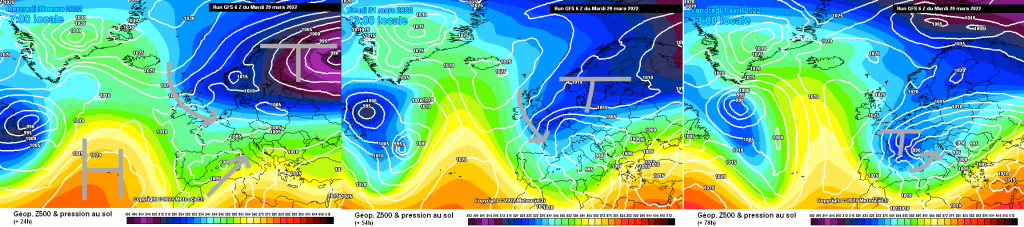 500hPa geopotential and ground pressure, Wednesday, Thursday, Friday (GFS). Low pressure system with cold air from the north meets warm air in the south. Finally widespread precipitation and a significant drop in temperature over the next few days.