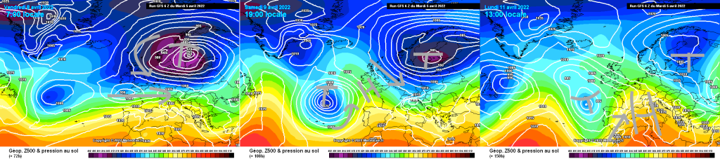 500hPa geopotential and ground pressure, Friday, Saturday, Monday. Stormy westerly winds turn to north, warmer in the medium term.