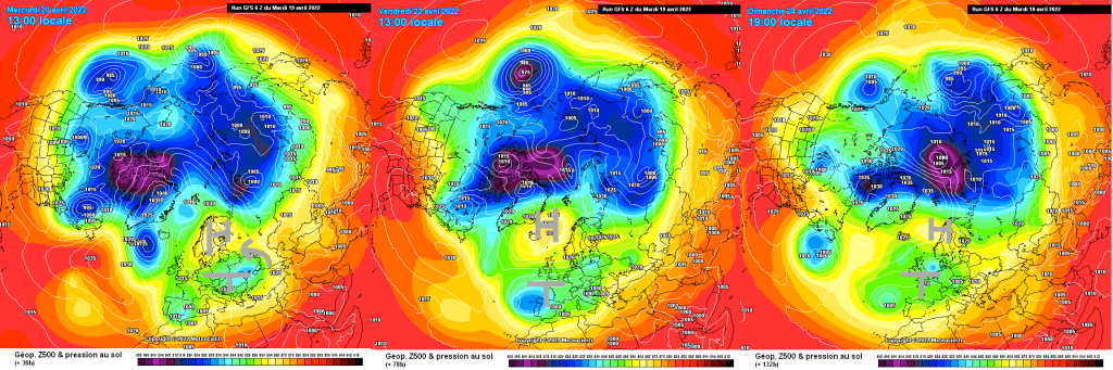 500hPa geopotential and ground pressure (GFS) for Wednesday, 20.4.22, Friday and Sunday. High-over-low situation remains, position of the pressure centers shifts slightly.