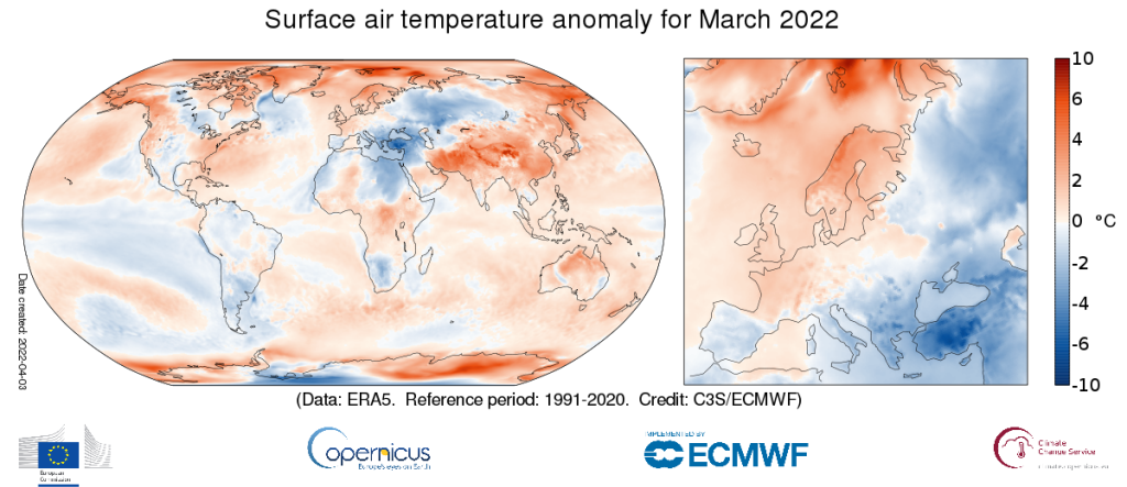 Surface temperature anomaly March 2022, reference period 1991-2020.