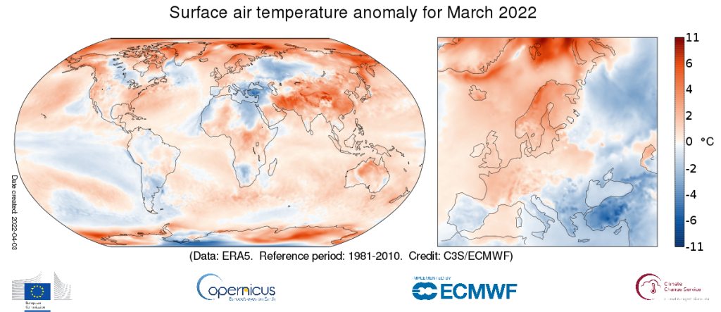 Surface temperature anomaly March 2022, reference period 1981-2010.