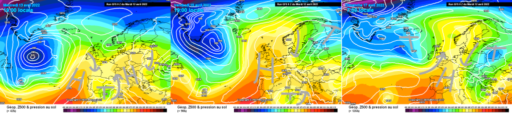 500hPa geopotential and ground pressure, GFS, Wednesday, Friday, Sunday. If the position of the low pressure system in the east changes, the weather may also change significantly.  