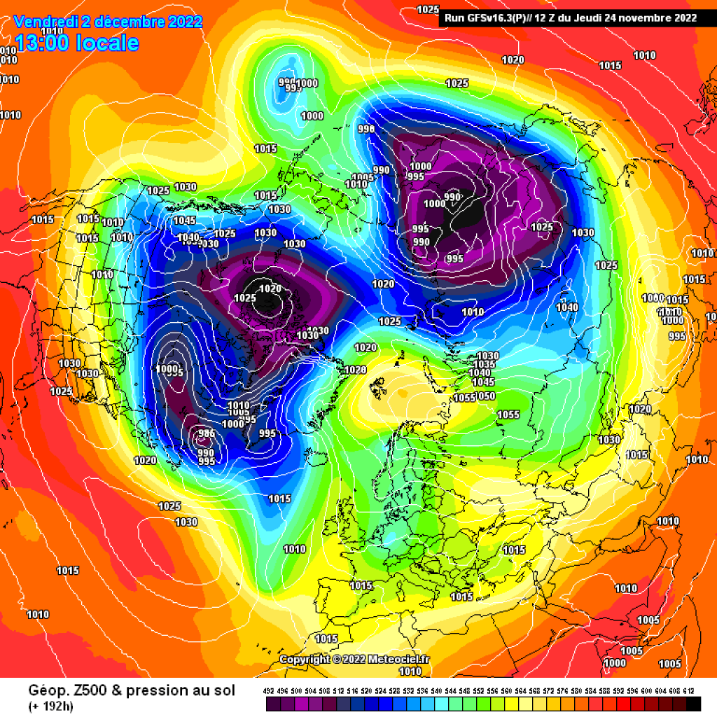 500hPa geopotential and ground pressure, northern hemisphere GFS, for 2.12.22.
