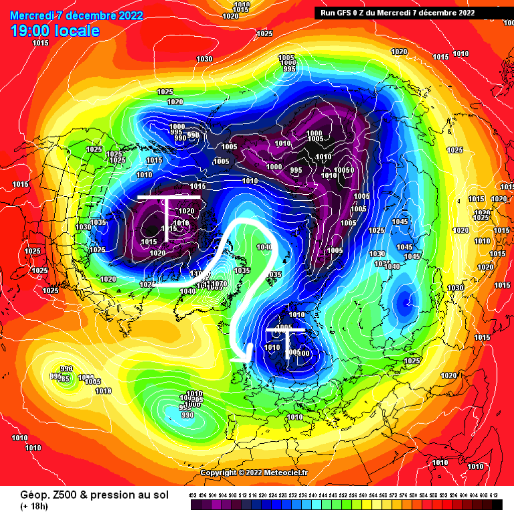 500hPa geopotential and ground pressure, GFS, 7.12.2022. A pronounced high over Greenland blocks the flow over the Atlantic.