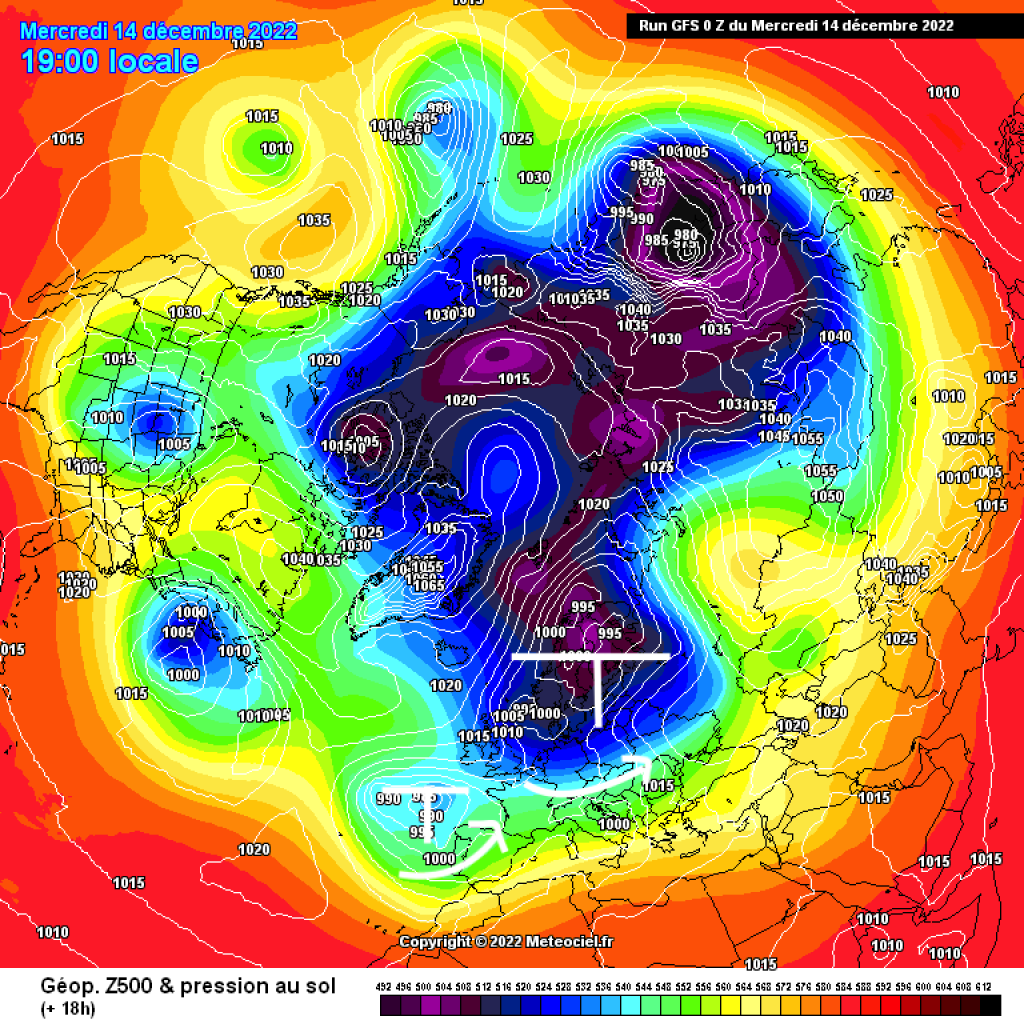 500hPa geopotential and ground pressure, northern hemisphere view, 14.12.22, GFS.