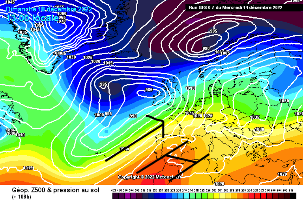 500hPa geop. and ground pressure, forecast for Sunday, Dec. 18: Mild air masses from SW.