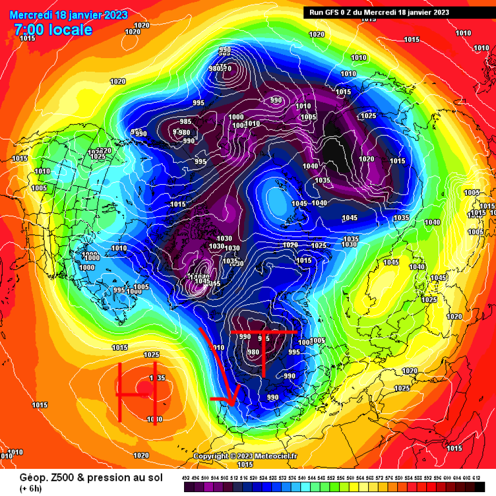 500hPa geopotential and ground pressure on 18.1.23 (Wednesday). Large trough over ME.