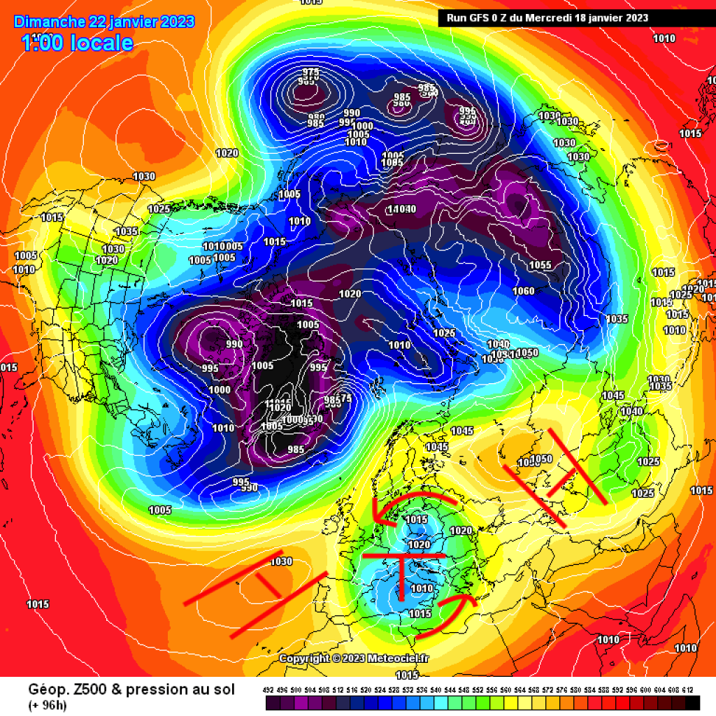 500hPa geopotential and ground pressure on 22.1.23 (Sunday). The trough will be cut off by a high pressure bridge in the north.