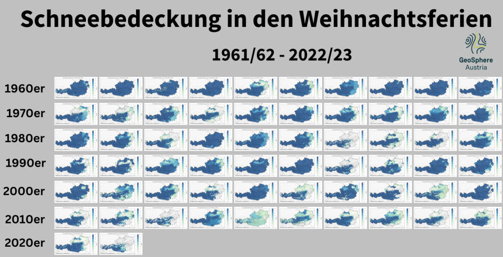 Snow cover during the Christmas vacations from 1961 to the present day. The duration of snow cover in the period from December 24 to January 8 is shown. The bluer the color, the more snow.