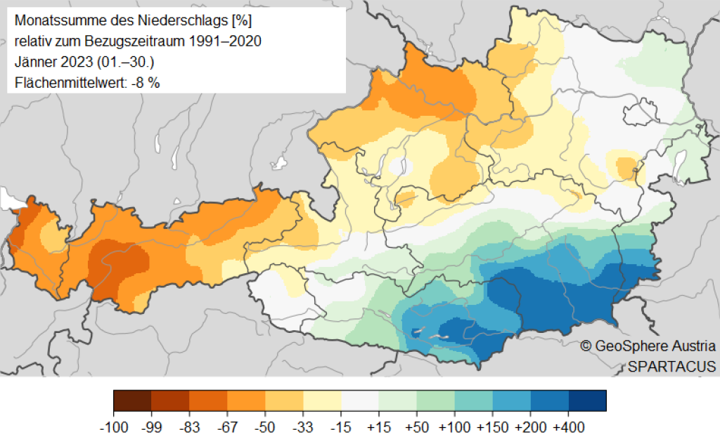 Austria too dry in the north in January, wetter than average in the southeast.