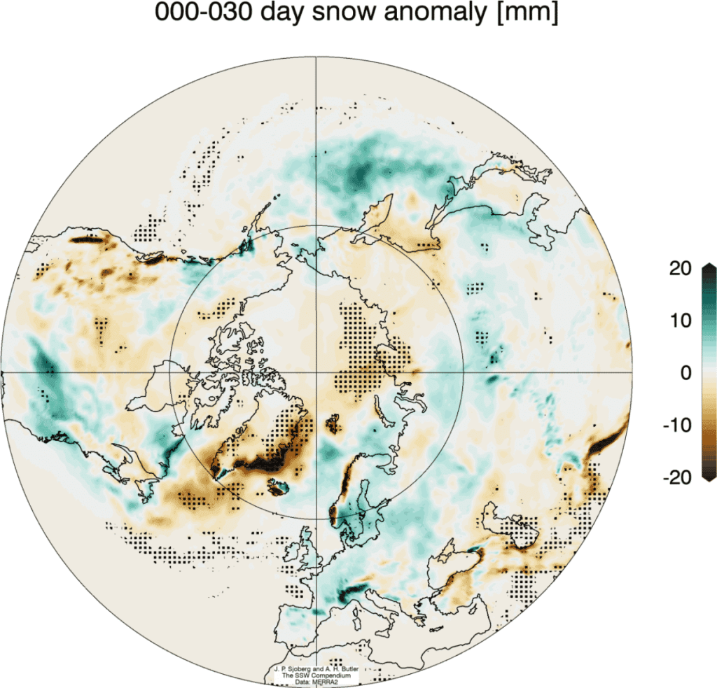 Averaged precipitation anomalies in the 30 days following a Polar Vortex Breakdown