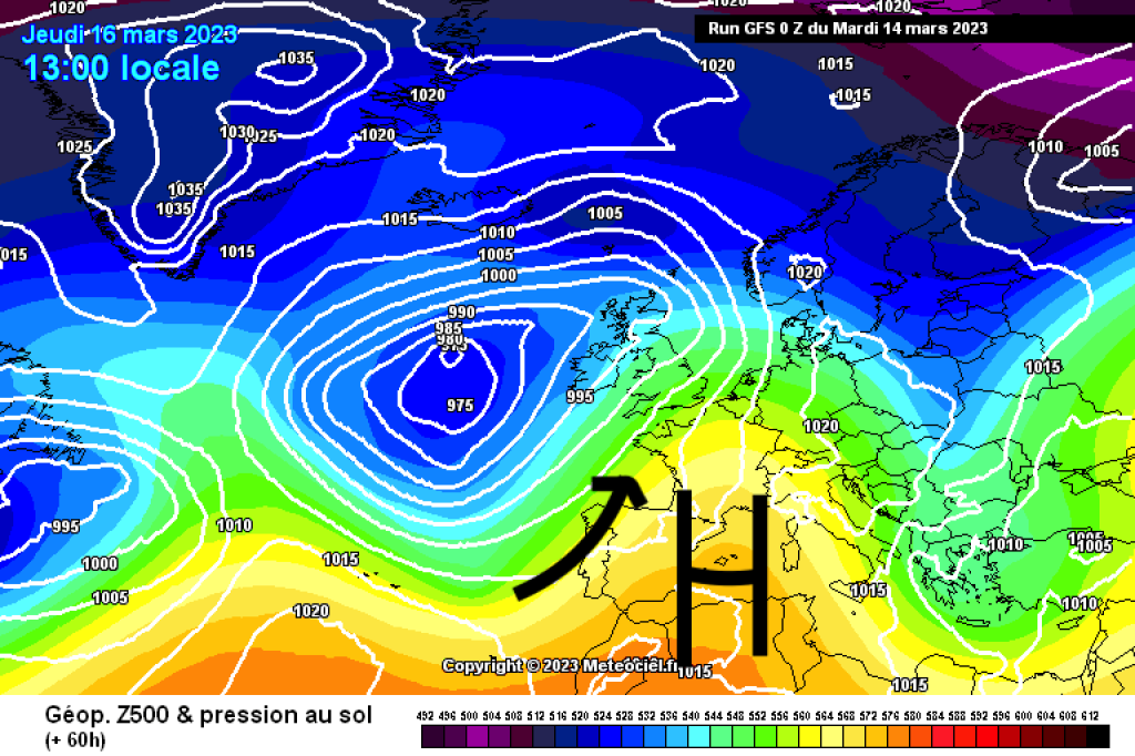 500hPa Geopotential and ground pressure, Thursday, 16.3. (GFS) A prominent high pressure system will determine the weather, warmer air masses will reach the Alpine region.