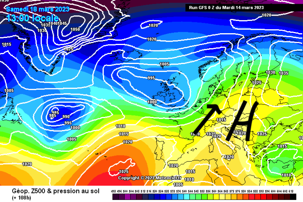 500hPa geopotential and ground pressure, Saturday, 18.3. (GFS). Foehn!