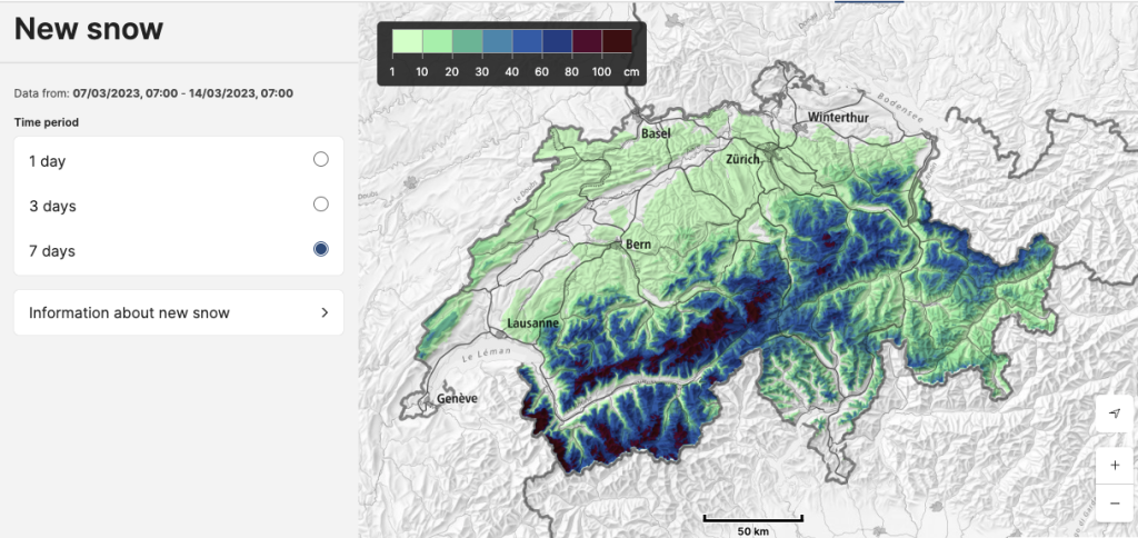 Snow depth change in Switzerland over the last 7 days.