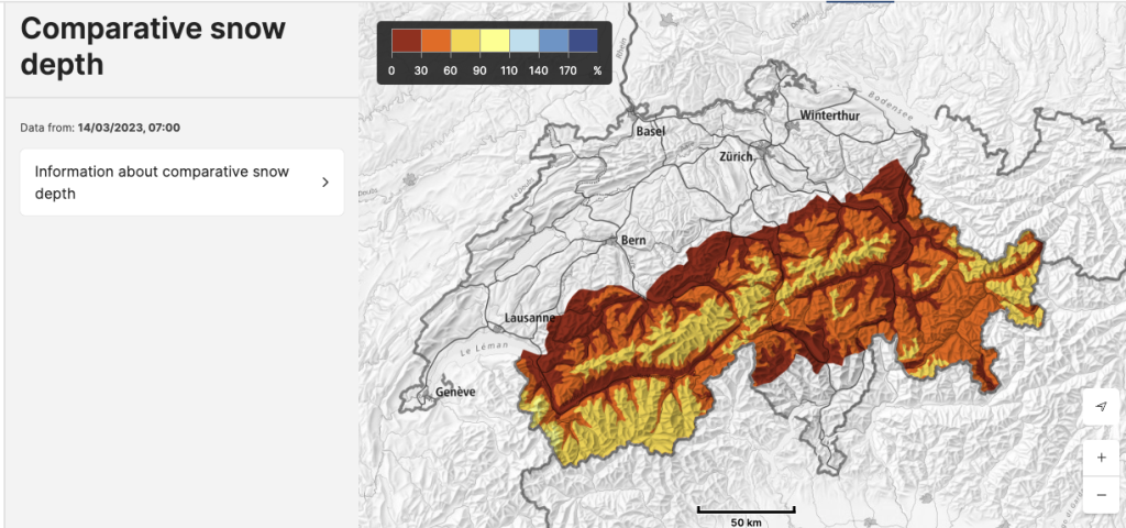 Snow depth in Switzerland, percentage of the long-term average
