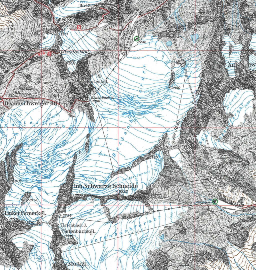 Old Ötztal map from 1988 with glacier level from 1969: At that time the Rettenbachferner still reached as far as the road.