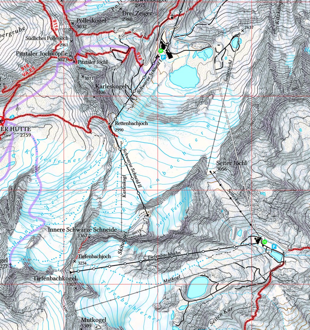 New Ötztal map from 2022 with glacier status from 2021: This map was drawn on the basis of current satellite images. You can clearly see the glacier between Rettenbachjoch and the road, where a lake has formed in the meantime.