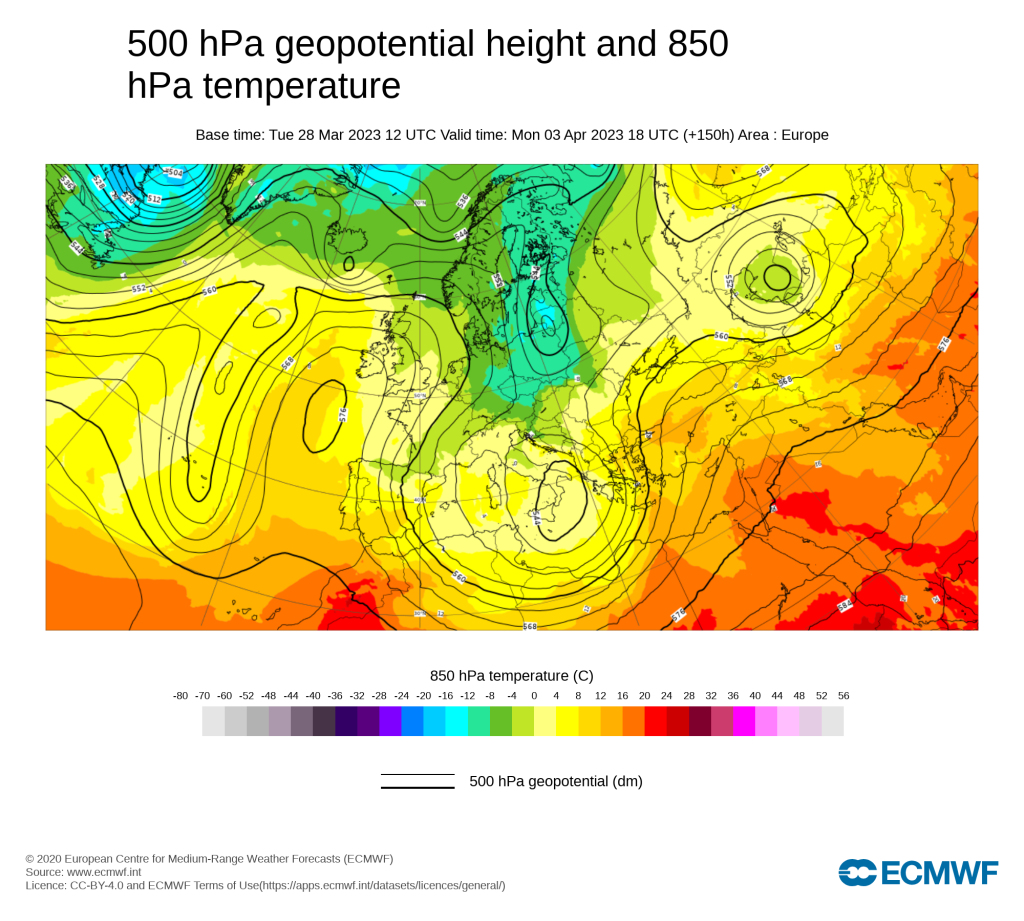 Renewed trough over Europe and deterioration of the general weather situation, Monday 03.04.2023