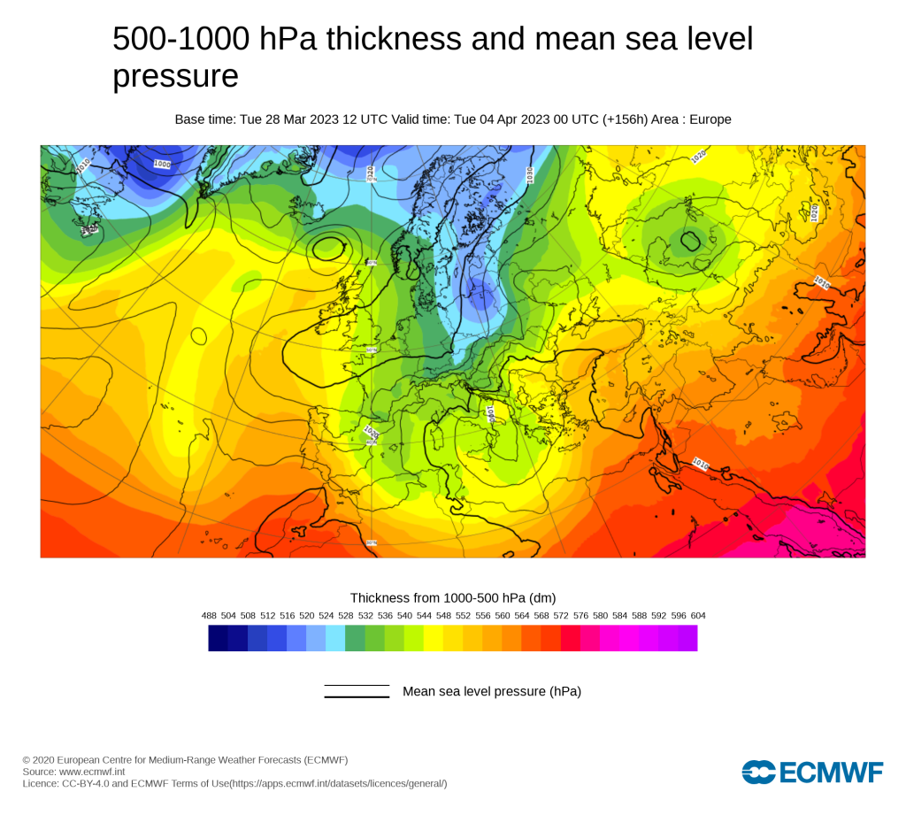 Next cold air advance to the north side of the Alps, Tuesday 04.04.2023:

500-1000 hPa thickness is a measure of the mean temperature of a column of the atmosphere between these pressure levels and can be used to distinguish between warm and cold air masses and to indicate frontal zones (i.e. areas of large temperature gradient, where the thickness values are more closely packed together).  Roughly, 500-1000 hPa thicknesses below about 528 dam imply air comes from polar regions and thicknesses above 564 dam imply air comes from tropical areas.