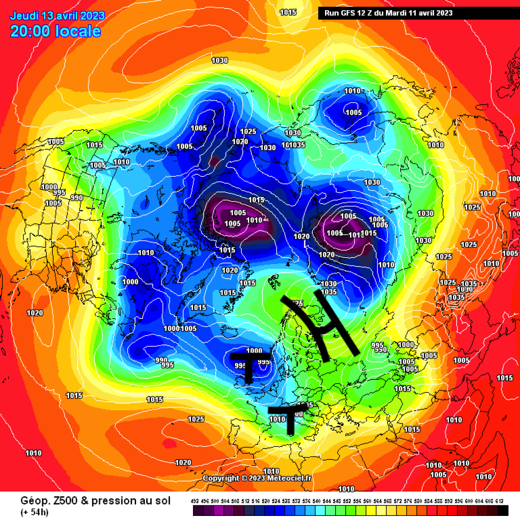 500hPa geopotential and ground pressure, GFS for Thursday, 13.4. Genoa development south of larger low pressure complex over England. Blocking high in the east.