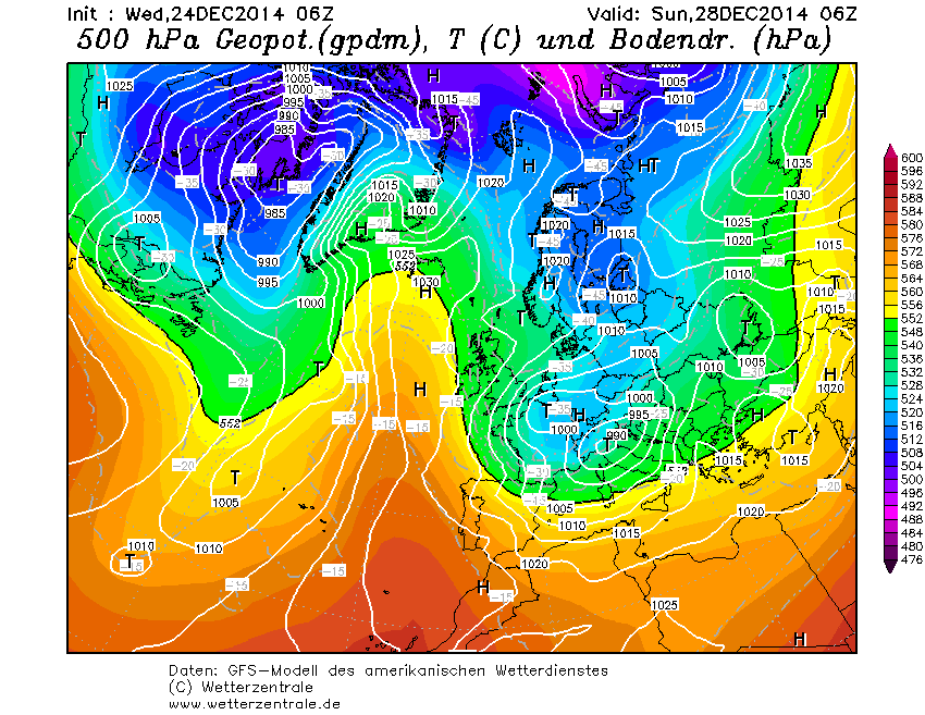500hPa geopotential and ground pressure, forecast for Sunday (28.12.). There is a high over Iceland, while a low lies in the area of the Azores. The so-called high-over-low situation can block the westerly drift and potentially clear the way for cold from the east and north. You can also see the Italian low, which could bring a belated Christmas present to the south.