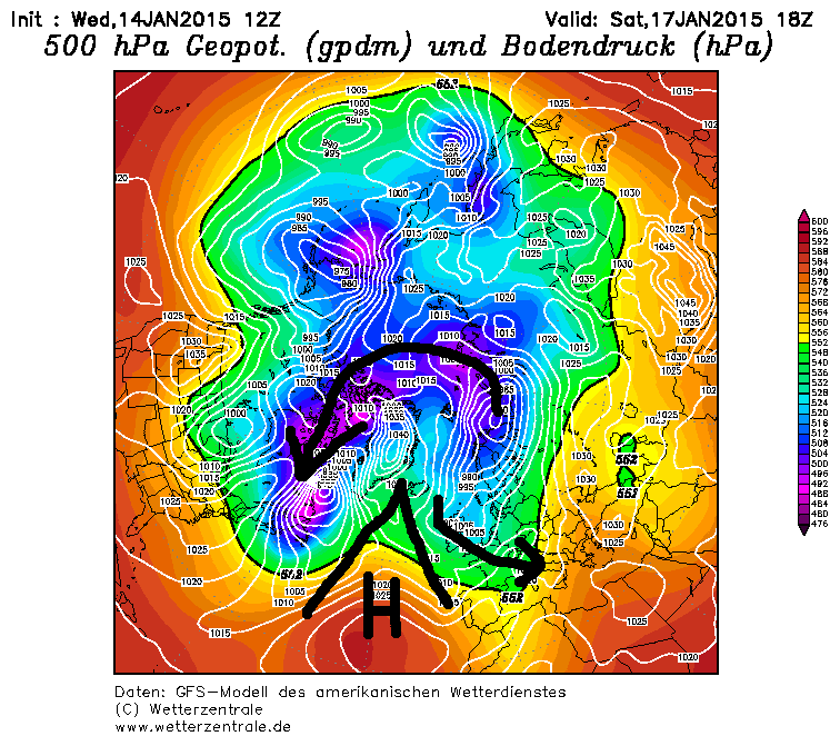 500hPa Geopotential, Zirkumpolaransicht, Voerhersage Samstag, 17. Januar. Details beim Powderalarm.