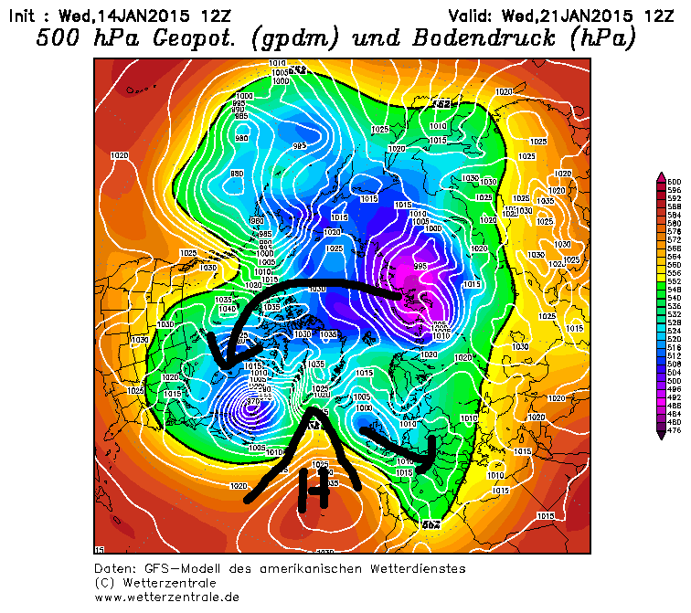 500hPa geopotential, circumpolar view, forecast Wednesday, January 21. A repetition of next weekend's situation is floating in the crystal ball, at least in outline.