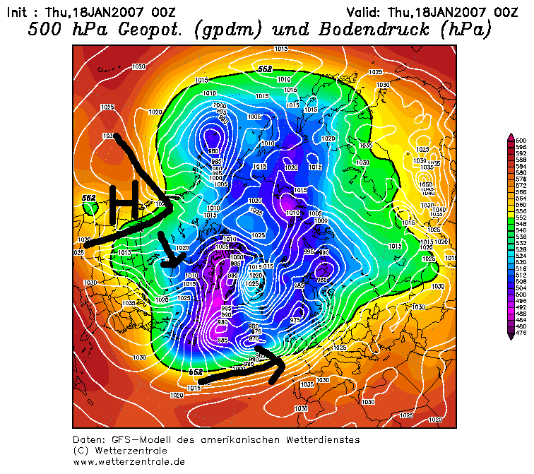 500hPa Geopotential, Zirkumpolaransicht, Januar 2007. Vergleiche Ähnlichkeiten der Lage am Wochenenden mit dem Strömungsmuster bei Okran Kyrill.