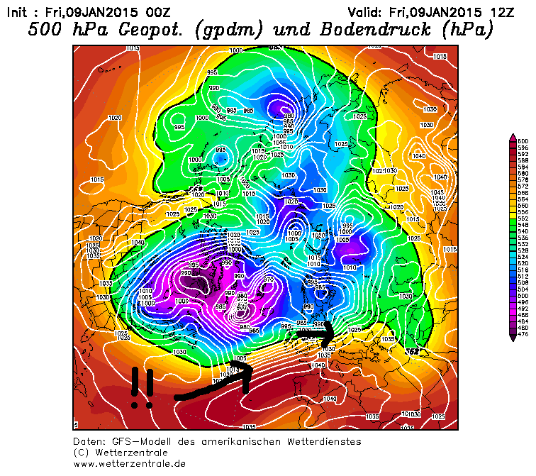 500hPa geopotential, circumpolar view, January 9. The gale-force air masses from the weekend originate from subtropical regions, although they take a slight turn shortly before reaching the Alps.