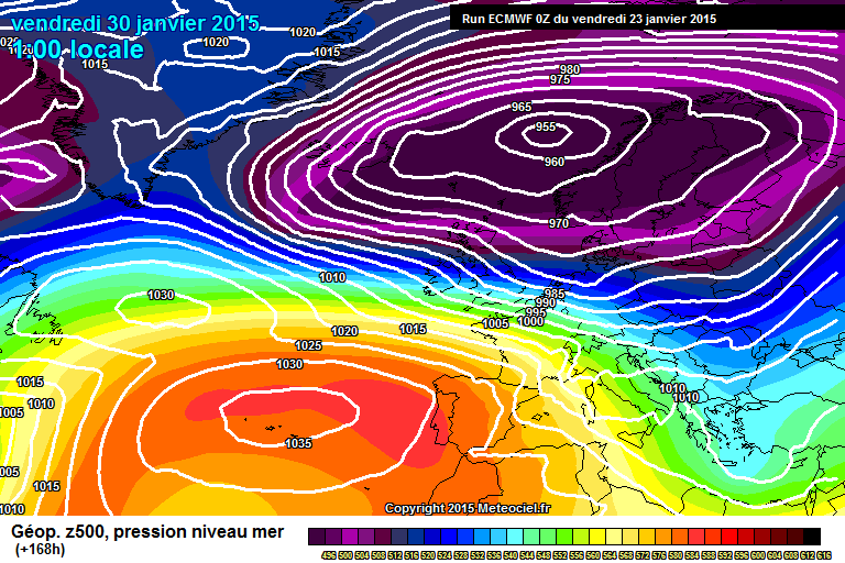 500hPa geopotential and ground pressure, Europe section ECMWF, 30.1. (Friday). Differences in exact location between ECMWF and GFS.