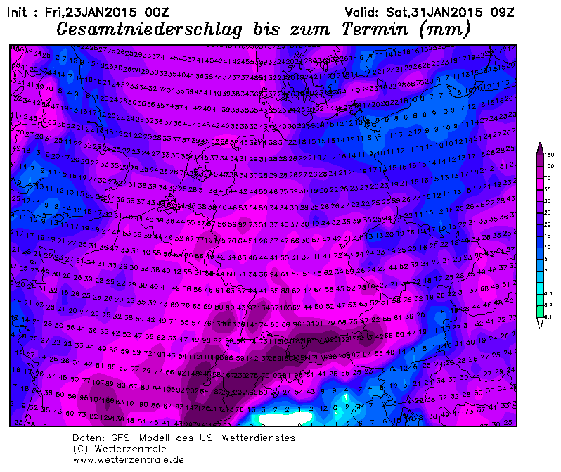 Gesamtniederschlag bis Samstag, 31.1., GFS. Exemplarische Karte. Die Modelle prognostizieren um den Monatswechsel teilweise über 2m Niederschlag in Nordstaugebieten.