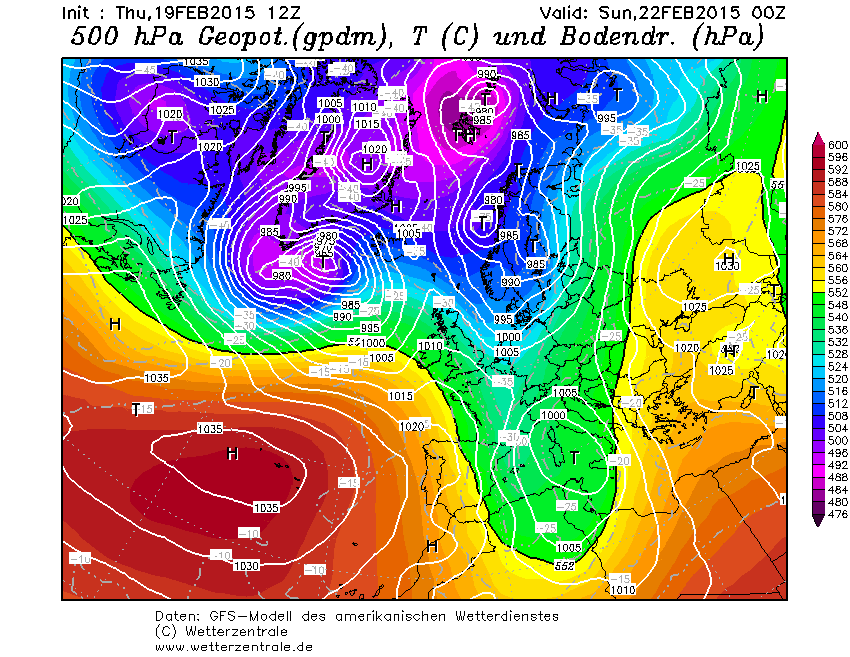 500hPa geopotential and surface pressure for Sunday, Feb. 22, GFS. An Italian low will cause potential südstau and end the calm, sunny weather of the last few days.