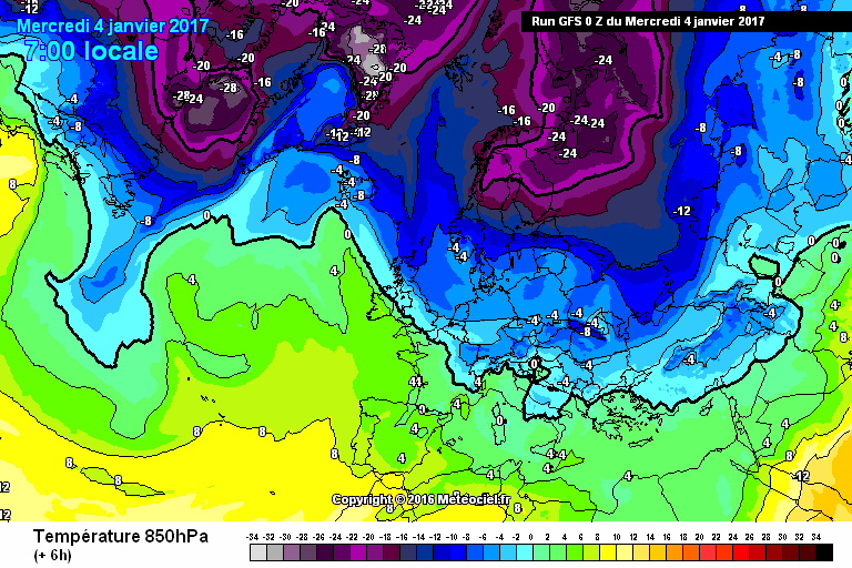 Temperatures in 850hPa. The purple blob dripping from the NE to Central Europe is the Arctic Outbreak. Click on the image if the GIF does not move.