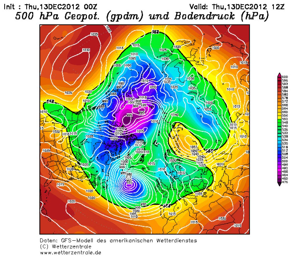 500hPa Geopotential und Bodendruck am Donnerstag, 13.12., als Zirkumpolaransicht.