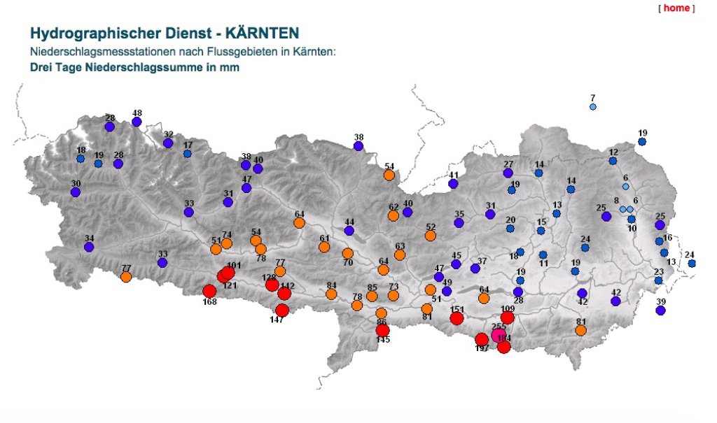 Niederschlagssummen in Kärnten der letzten drei Tage. Südstaugebiete deutlich zu sehen. Spitzenreiter mit 255l die Station Bodental.