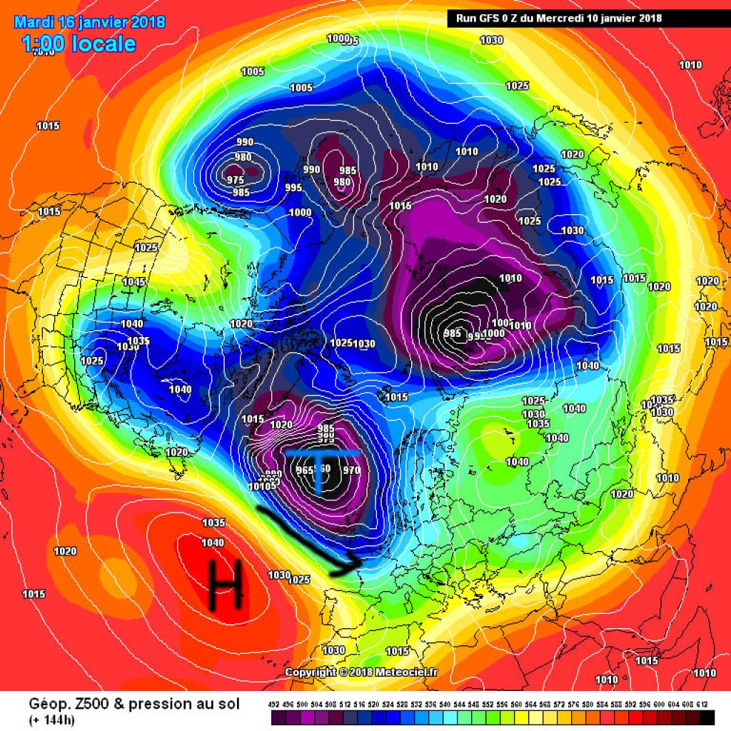 500hPa Geopotential, Prognose Dienstag 16.1. Potential für eine NW Lage im Alpenraum. Erwähnenswert auch die erneute Teilung Nordamerikas in warmen Westen, kalten Osten.