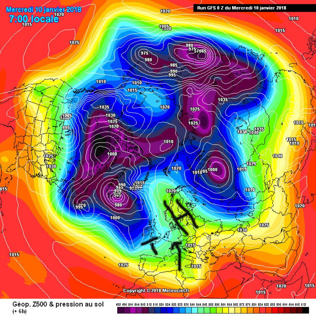 500hPa Geopotential, Nordhemisphärenansicht, Mittwoch, 10.1. Der Tiefausläufer bei Spanien rutscht ins Mittelmeer und der Föhn bricht zusammen. Die Niederschläge im Westen hören auf, im Norden wird es wieder etwas kälter.