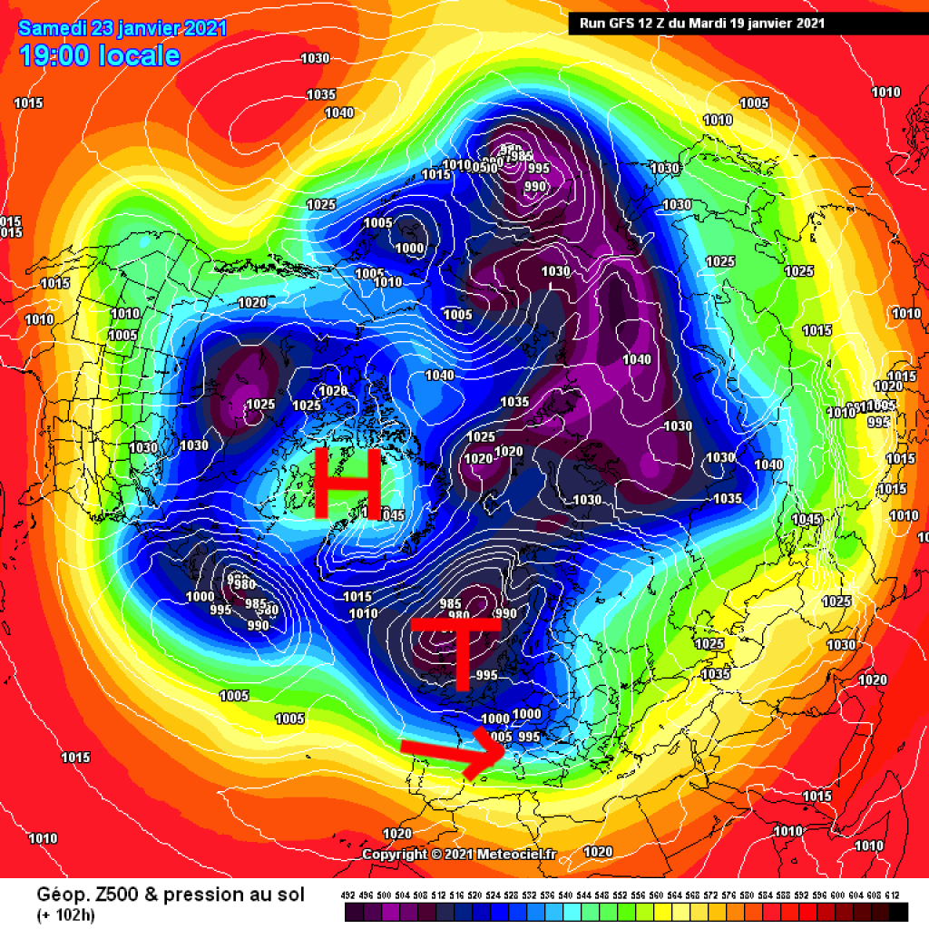 500hPa Geopotential und Bodendruck, Nordhemisphärenansicht, Samstag, 23.1. Tendenz zu starker Westströmung, Details unsicher. 