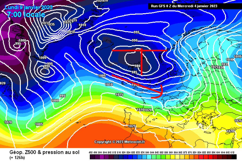500hPa und Geopotential, GFS Prognose für Montag, 9.1. Winterlich wie lange nicht.